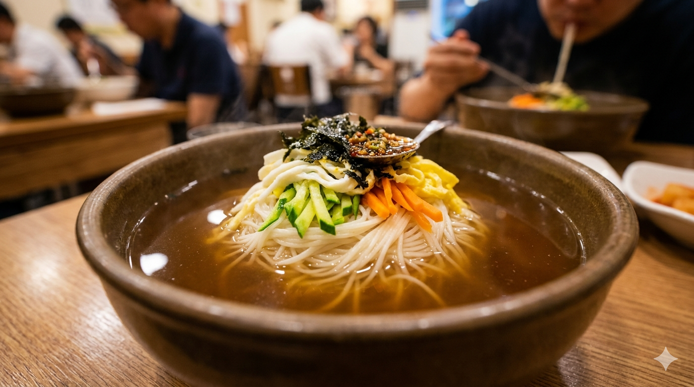 김이 나는 완성된 잔치국수