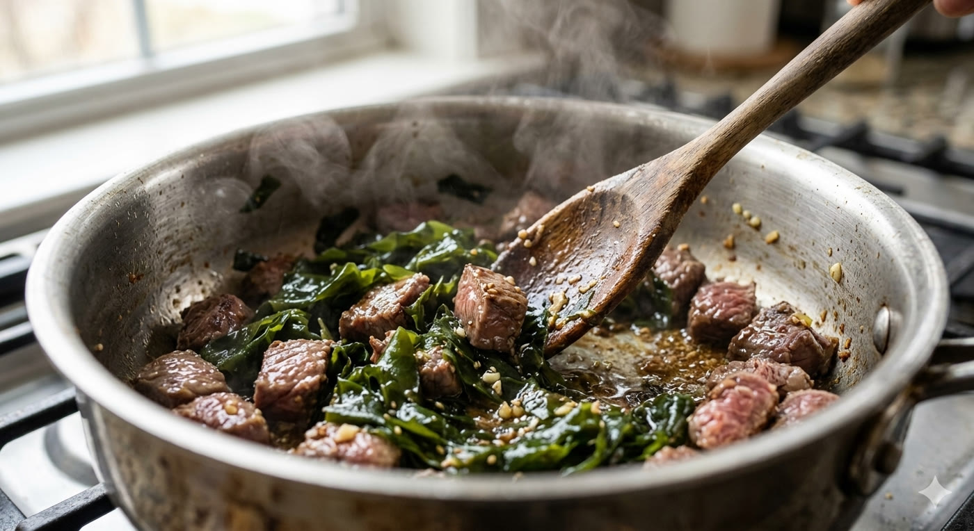 Beef and seaweed cooking process