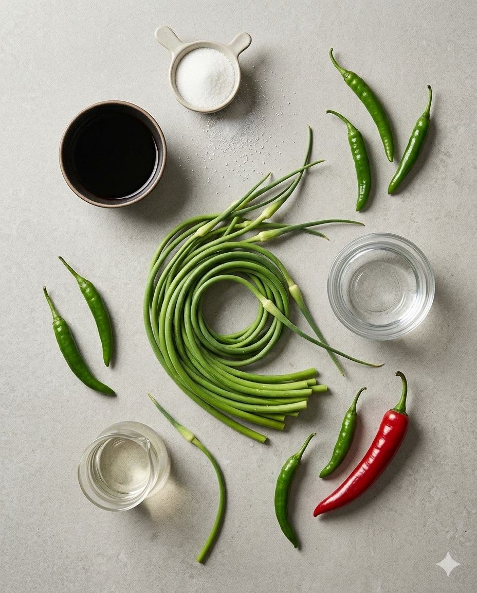 Fresh garlic scapes, soy sauce, vinegar, sugar, and peppers prepared for Korean jangajji pickles