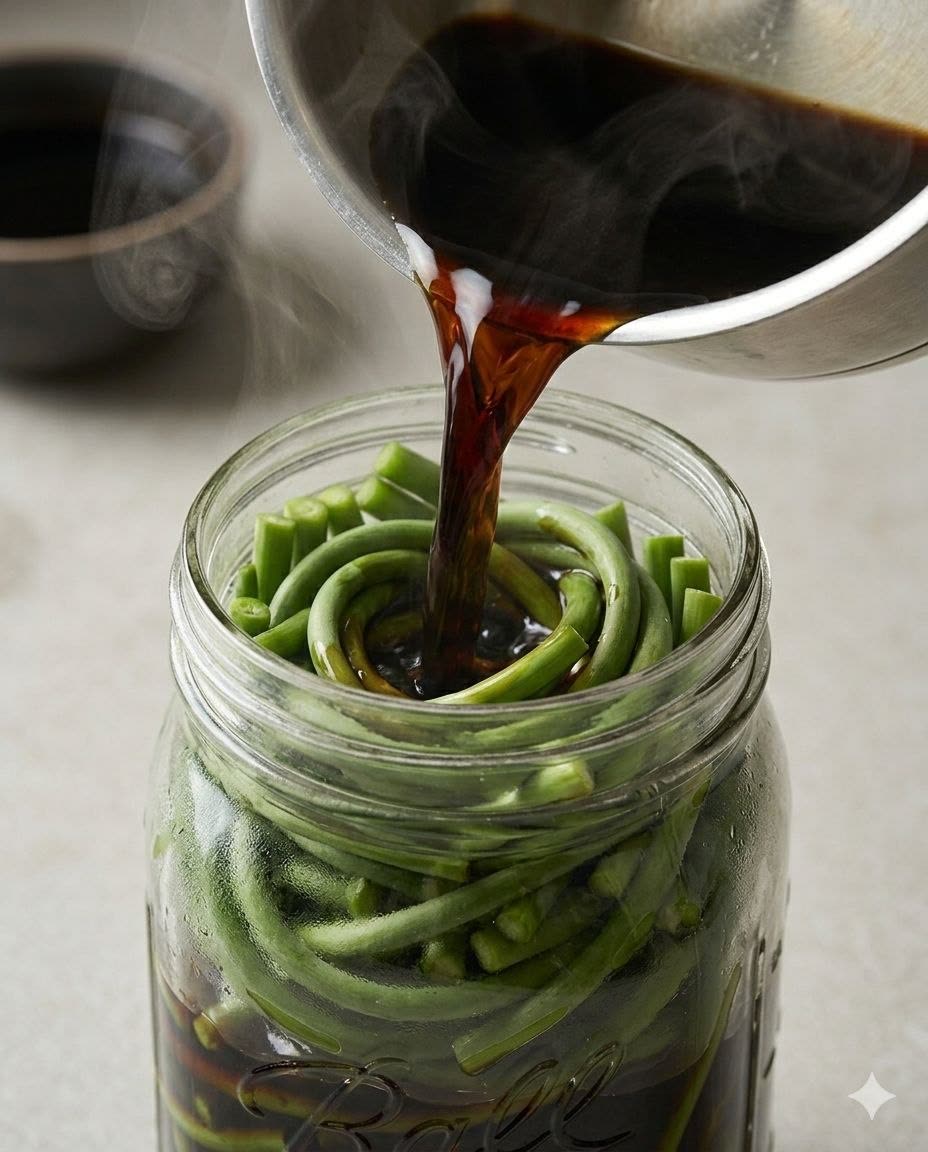Hot soy brine being poured over garlic scapes in a glass jar