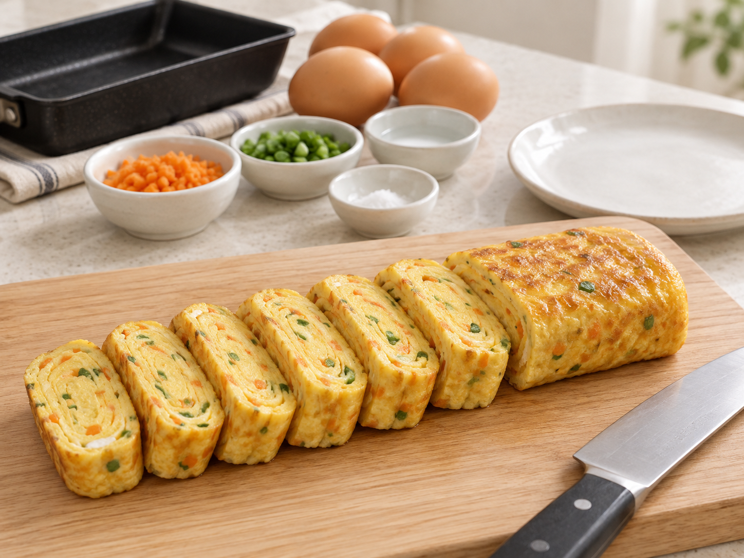 Sliced Korean rolled omelet with carrot and scallion — AI-generated illustration