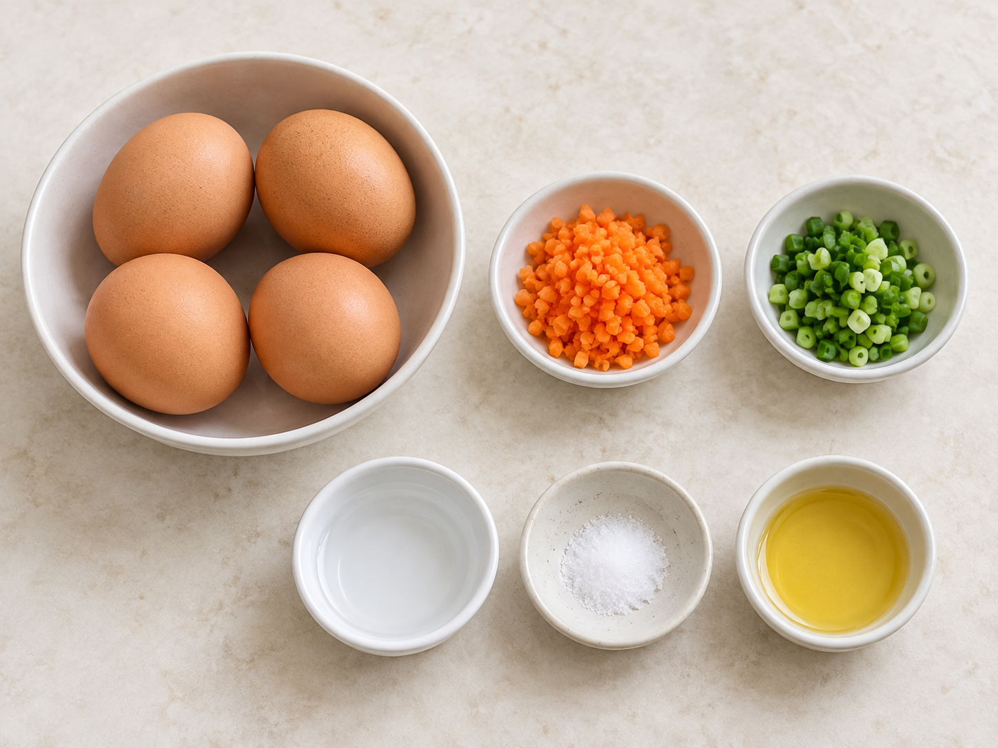 AI illustration of four eggs, minced carrot, scallion, water, salt and oil