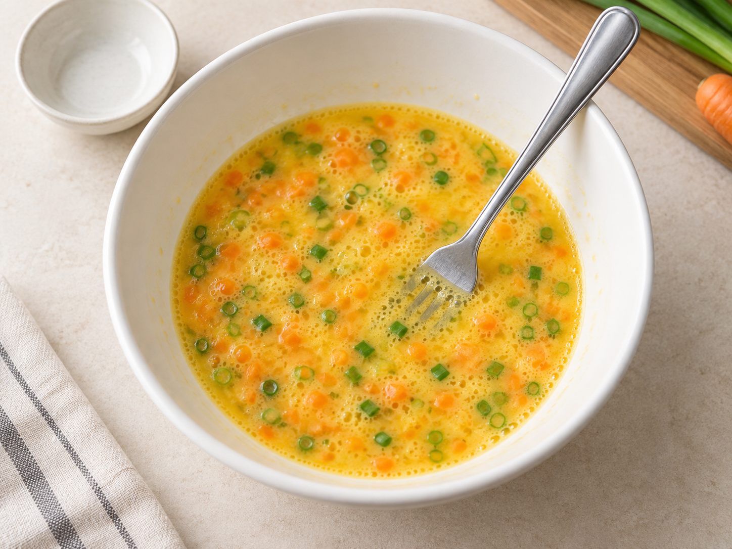 AI illustration of beaten eggs mixed with finely chopped carrot and scallion