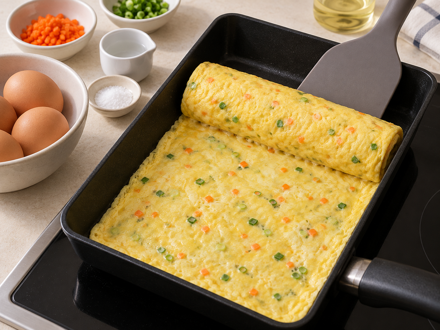 AI illustration showing a thin egg sheet joined to a rolled omelet in a pan