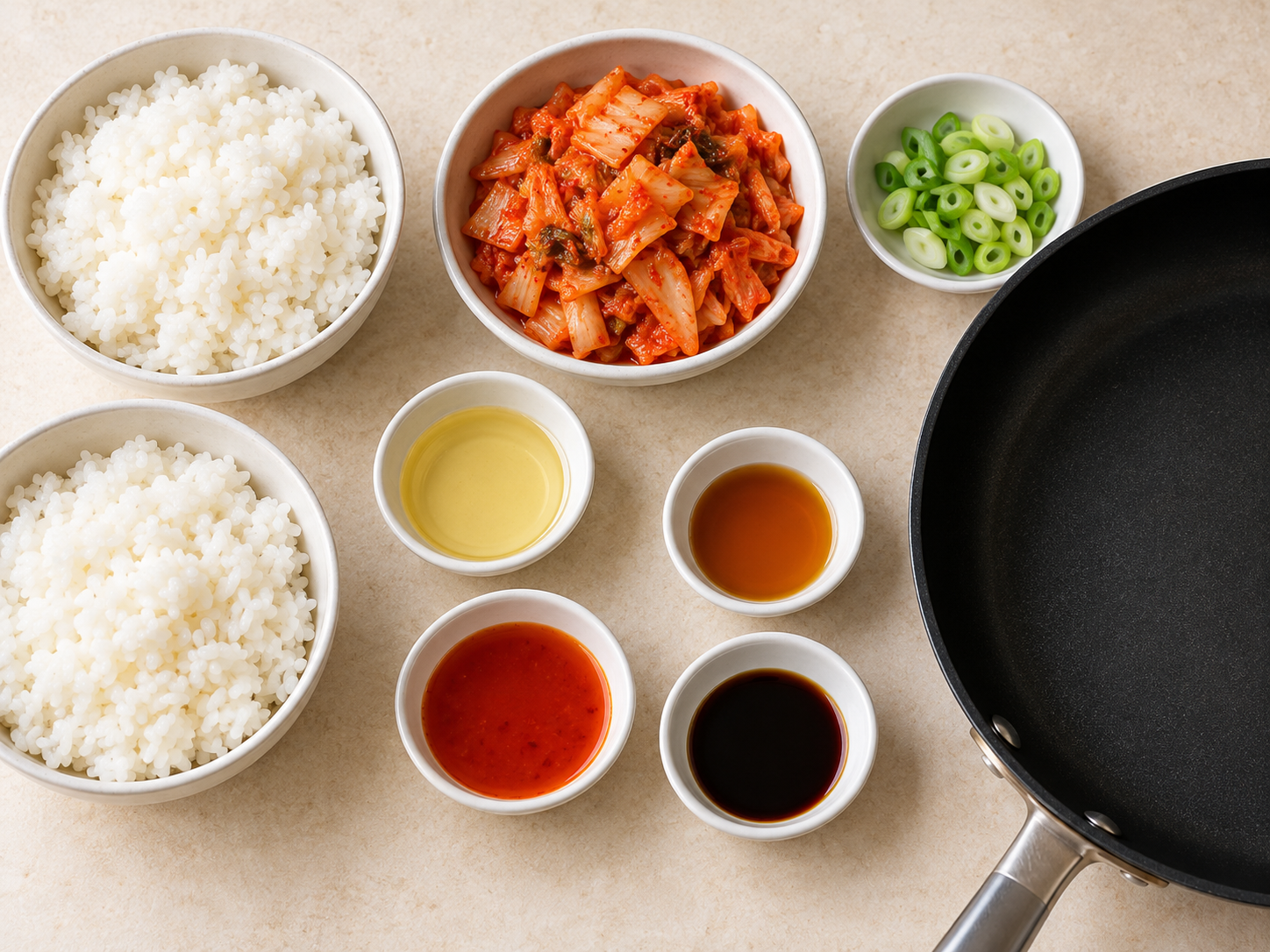 밥과 김치, 파, 기름, 선택 양념을 배치한 AI 재료 이미지