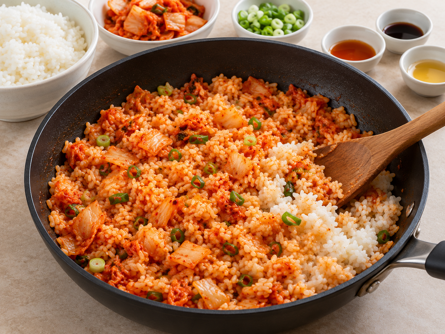 김치와 밥을 주걱으로 섞는 AI 조리 이미지