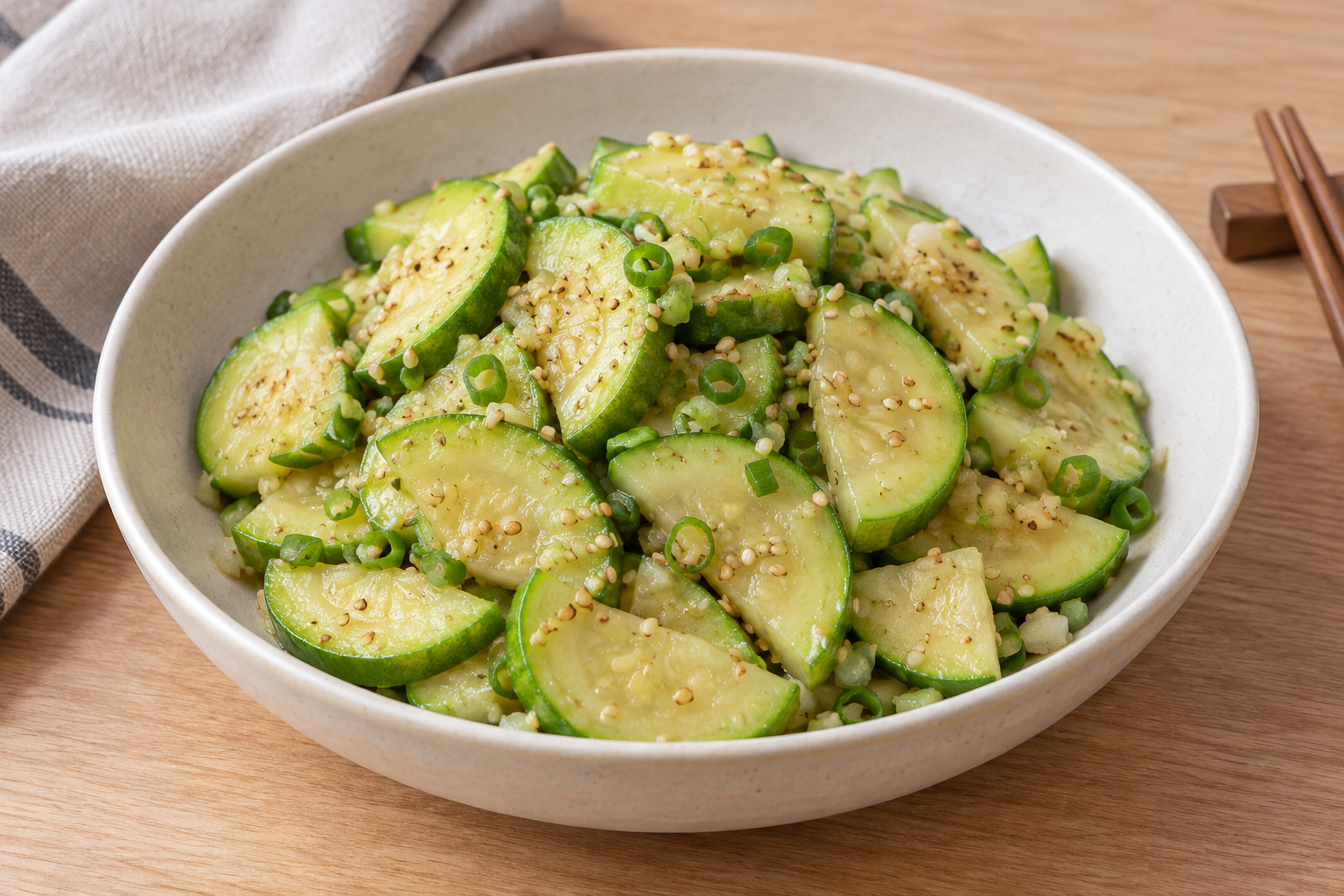 Korean zucchini side dish topped with scallion and sesame in a bowl — AI-generated example