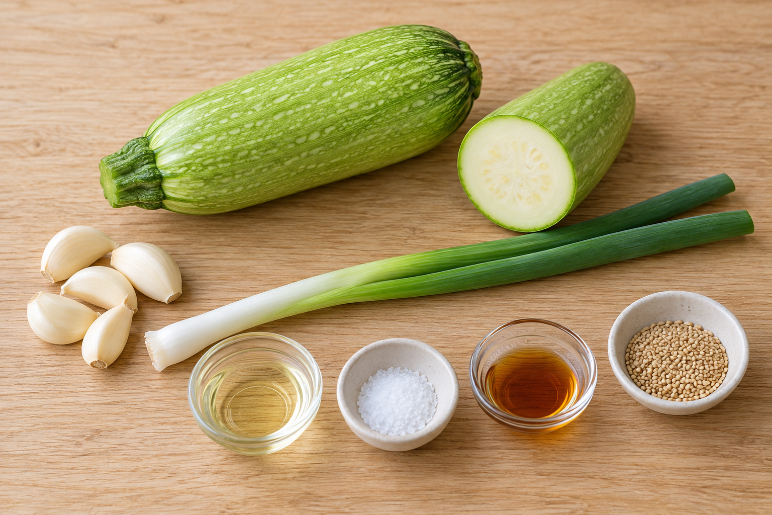Korean zucchini, garlic, scallion, salt and oils arranged for cooking — AI-generated example