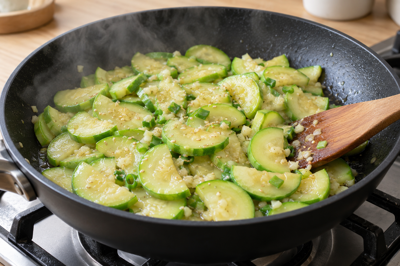 Zucchini and garlic cooking in a skillet — AI-generated example