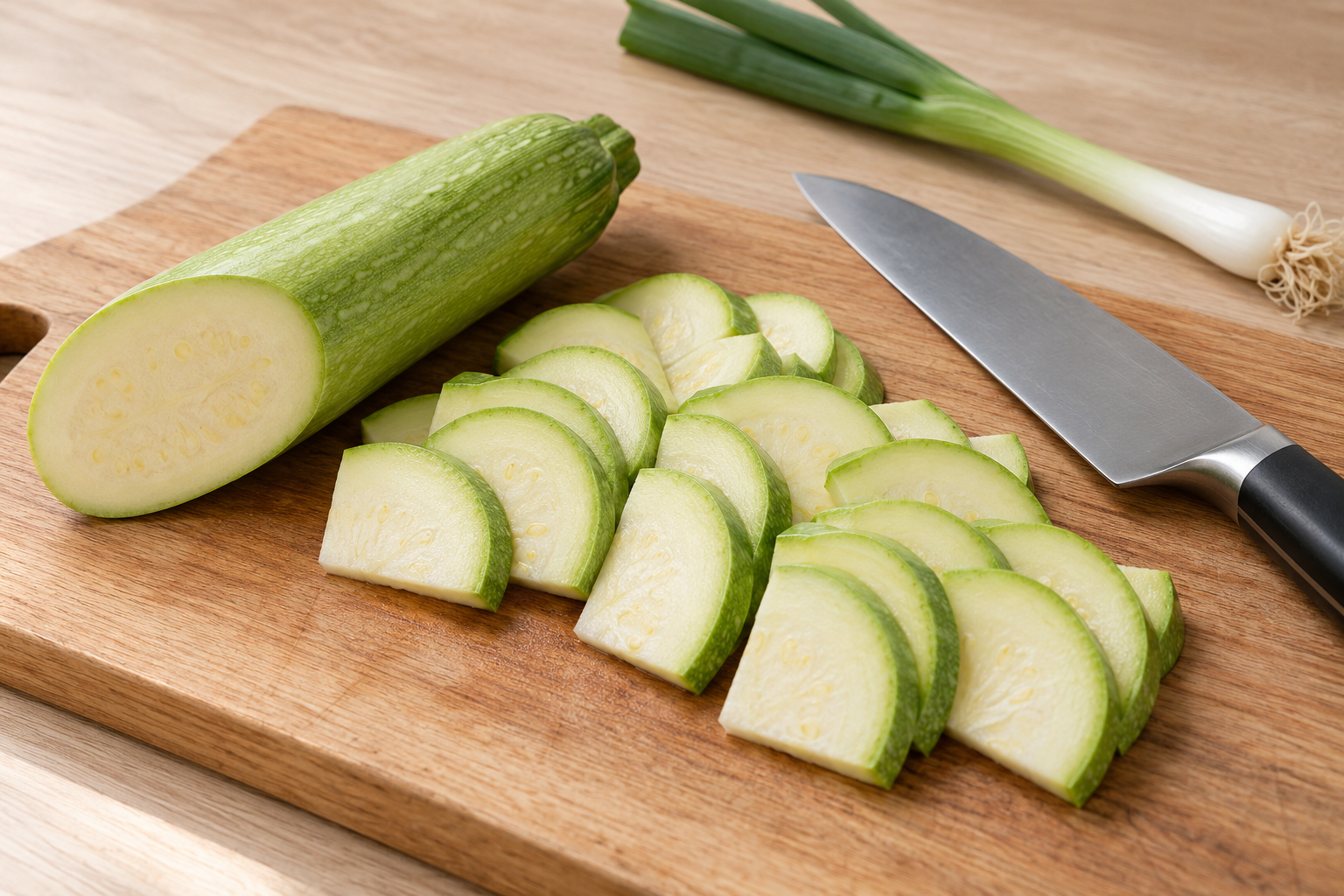 Evenly sliced Korean zucchini on a cutting board — AI-generated example