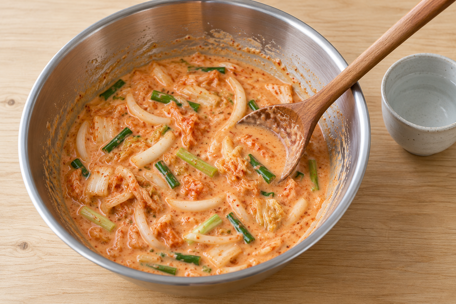 Pourable kimchi pancake batter with cabbage, onion and scallion — AI-generated illustration