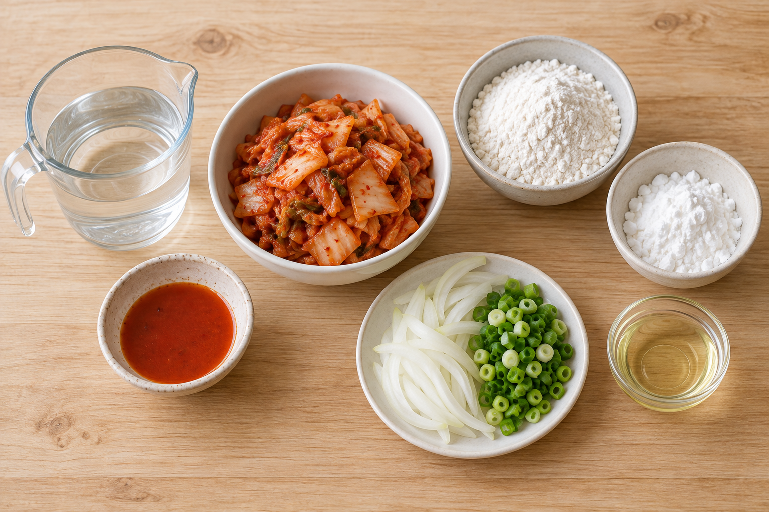Kimchi, flour, starch, water, kimchi brine and vegetables for kimchi pancakes — AI-generated illustration