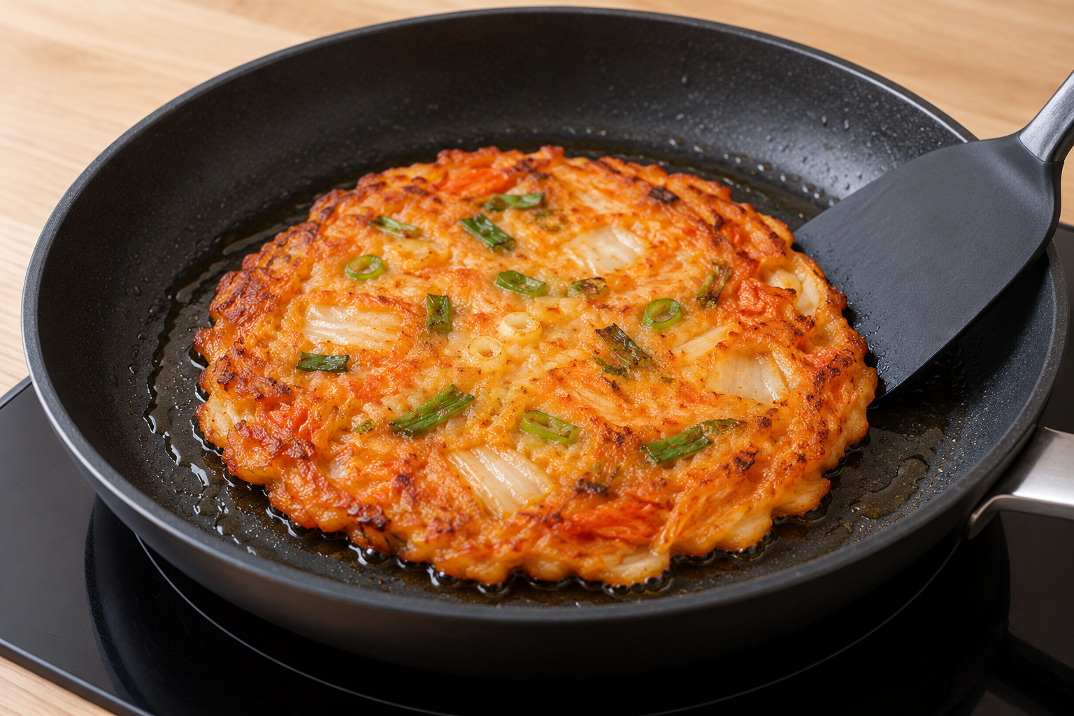 Thin kimchi pancake browning in a skillet — AI-generated illustration