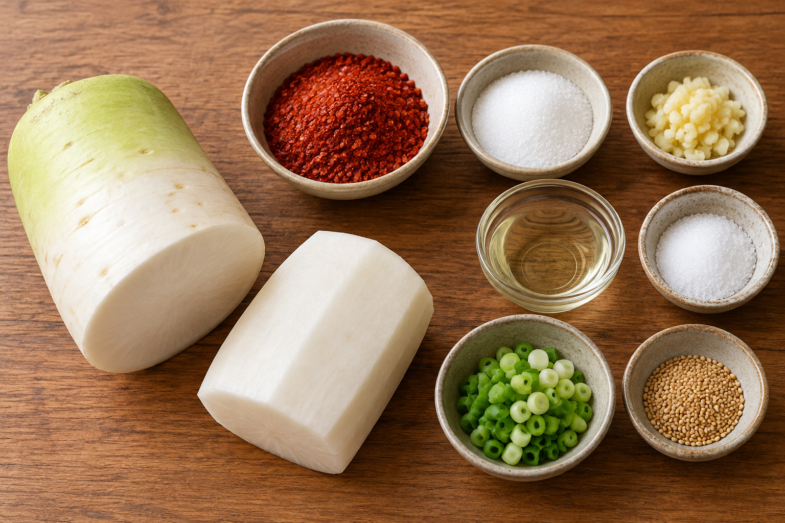 AI illustration of Korean radish and musaengchae seasonings