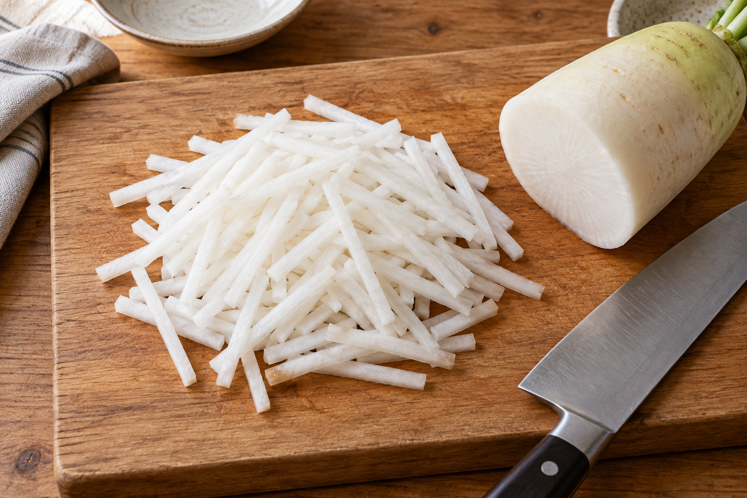 AI illustration of evenly julienned Korean radish on a cutting board