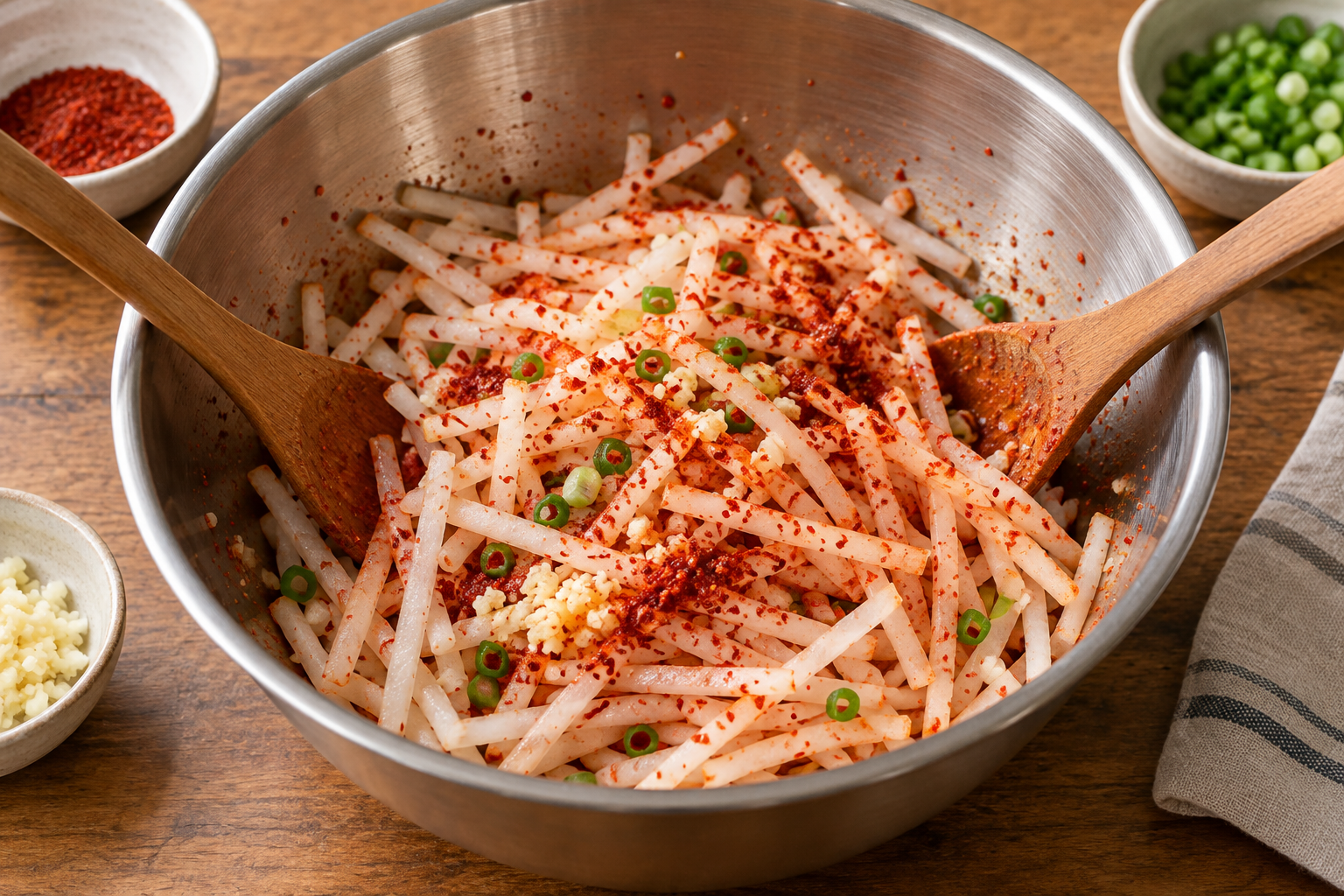 AI illustration of radish strips being mixed with gochugaru seasoning