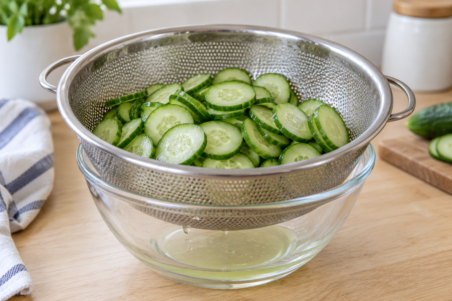 Salted cucumber slices draining gently in a colander — AI-generated illustration