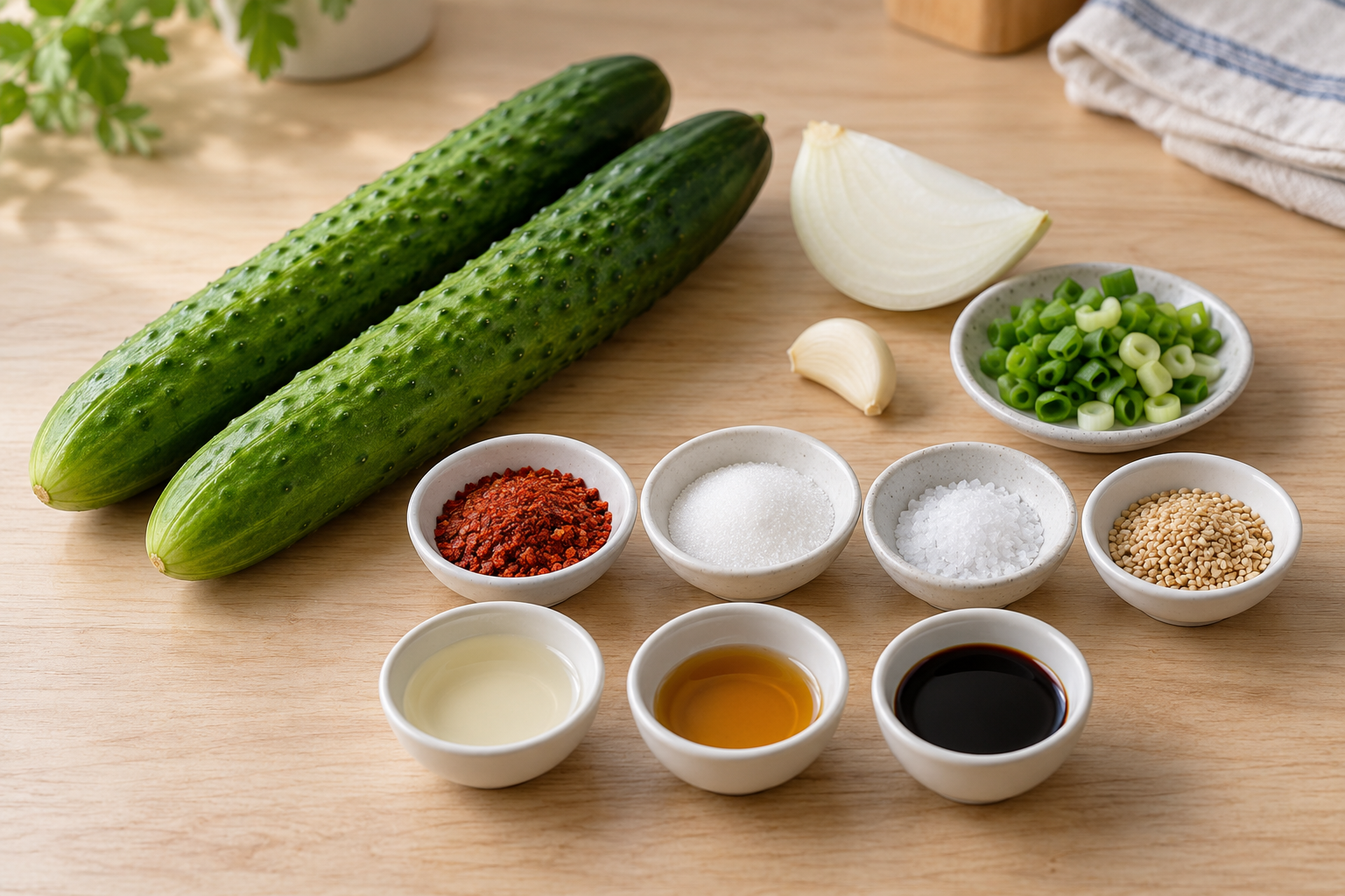 Cucumbers, onion, scallion and seasonings for oi muchim — AI-generated illustration