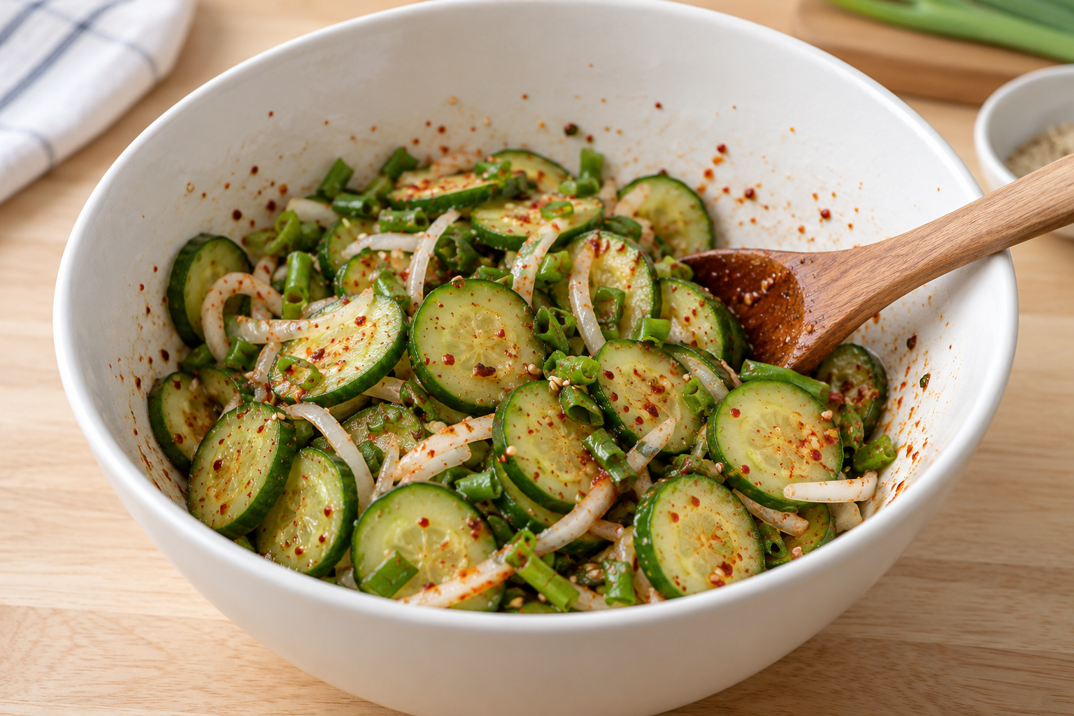 Cucumber, onion and scallion tossed with gochugaru dressing — AI-generated illustration