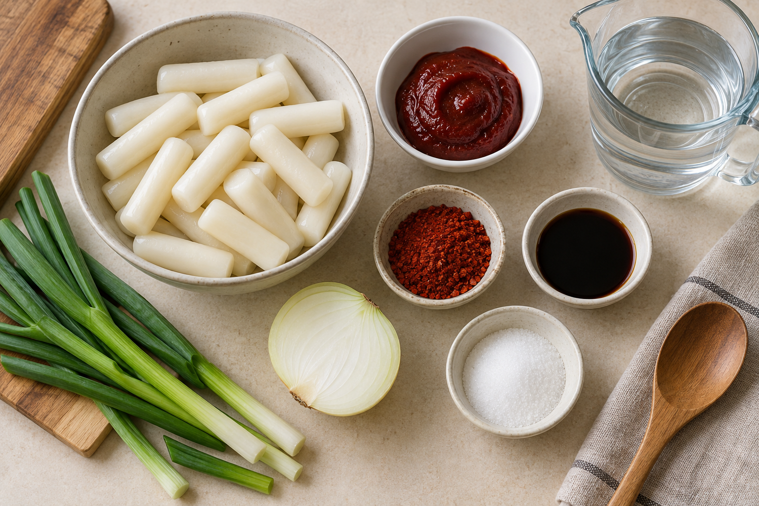 Korean rice cakes, gochujang, onion, scallion and sauce ingredients — AI illustration