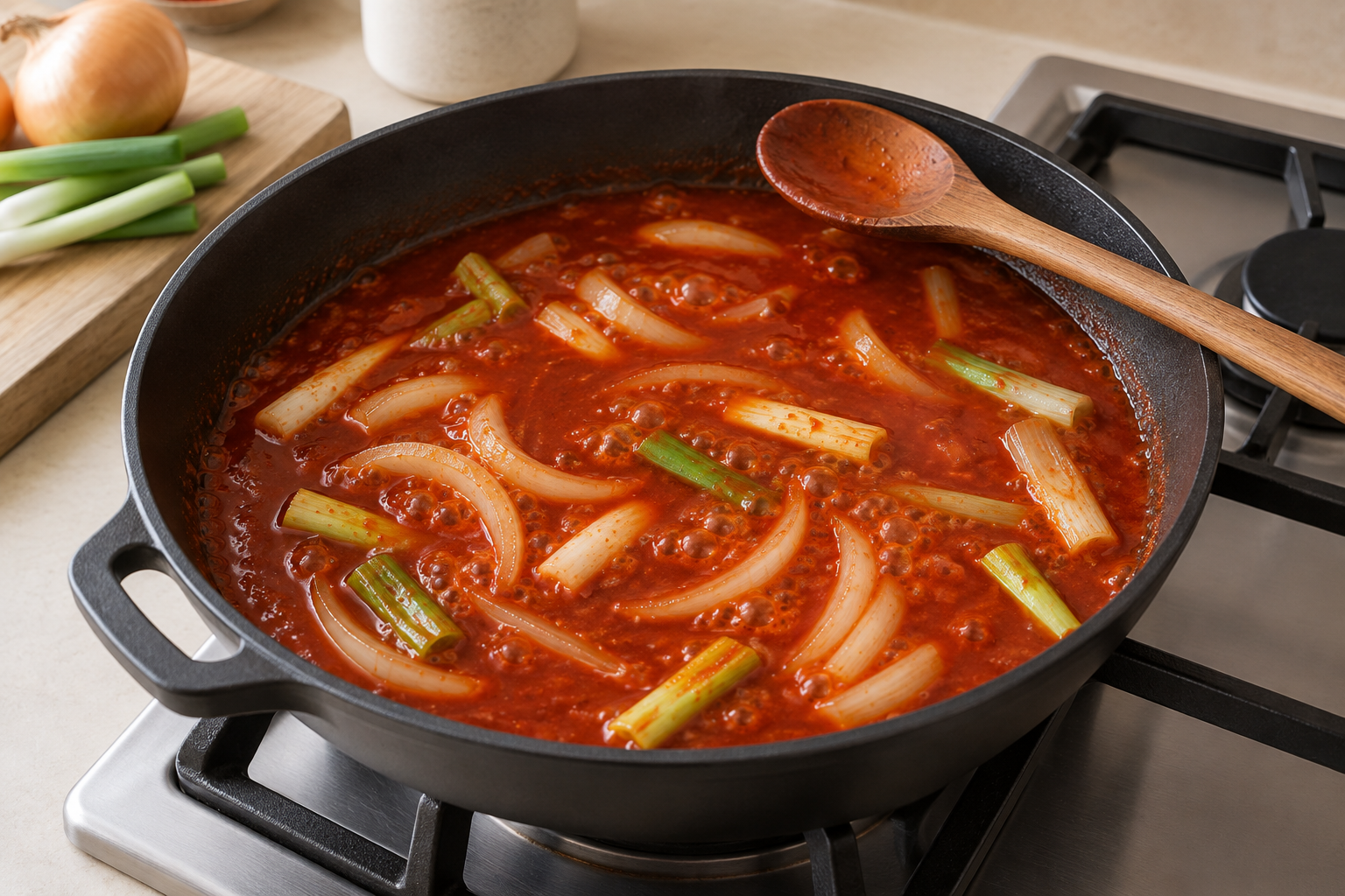 Red gochujang sauce simmering with onion and scallion before the rice cakes are added — AI illustration