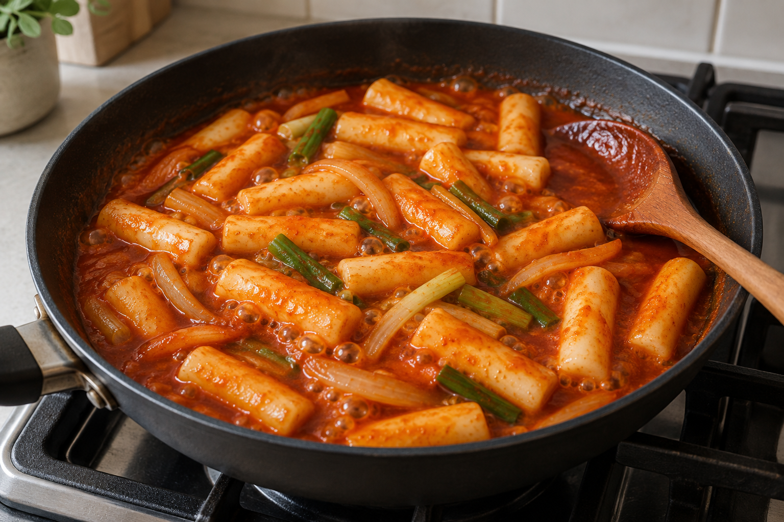 Cylindrical rice cakes simmering in red sauce with onion and scallion — AI illustration